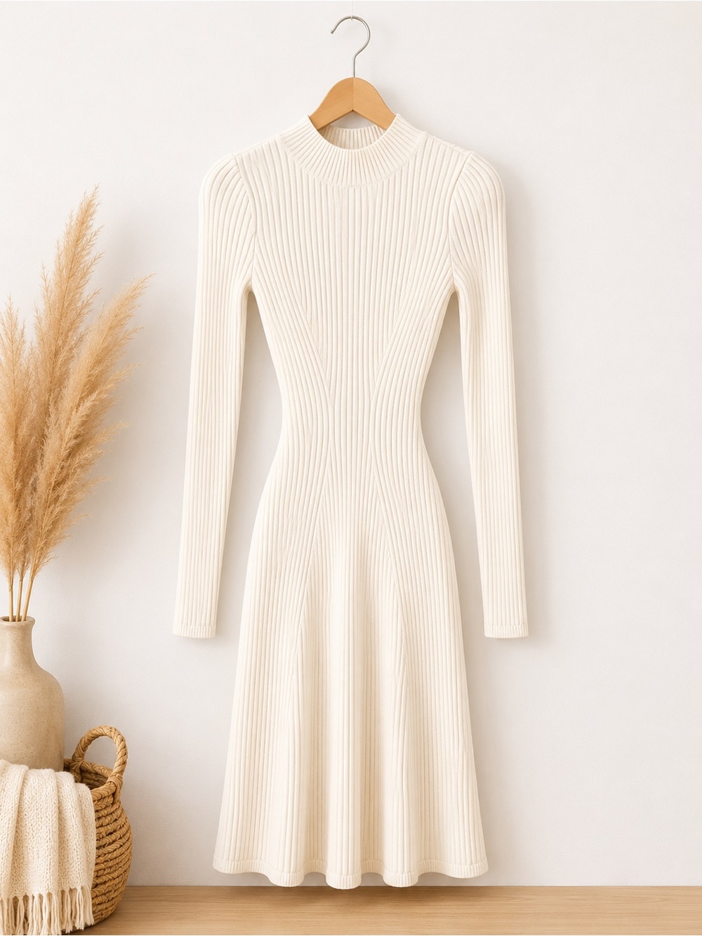 Hollister Cream Ribbed Mock-Neck Long-Sleeve Dress